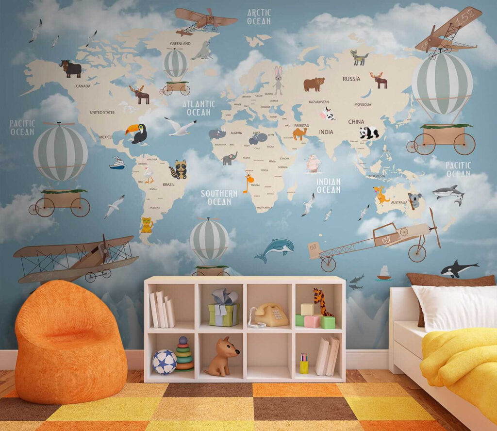 Map of the world with different animals and birds