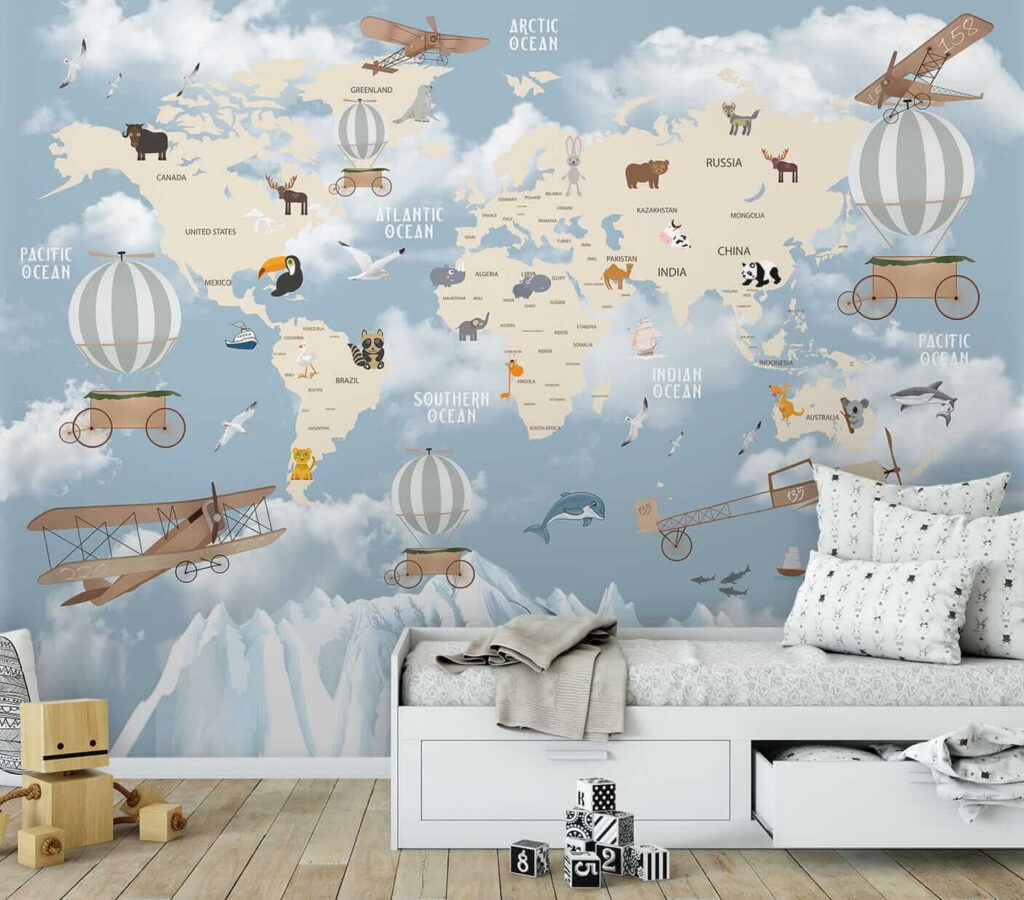 Map of the world with different animals and birds