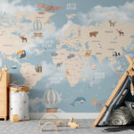 Wall murals Map of the world with different animals and birds