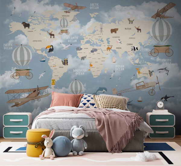 Map of the world with different animals and birds Map of the world with different animals and birds