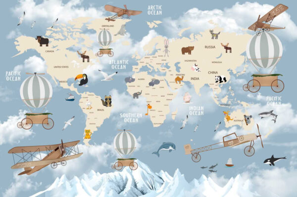 Map of the world with different animals and birds Map of the world with different animals and birds