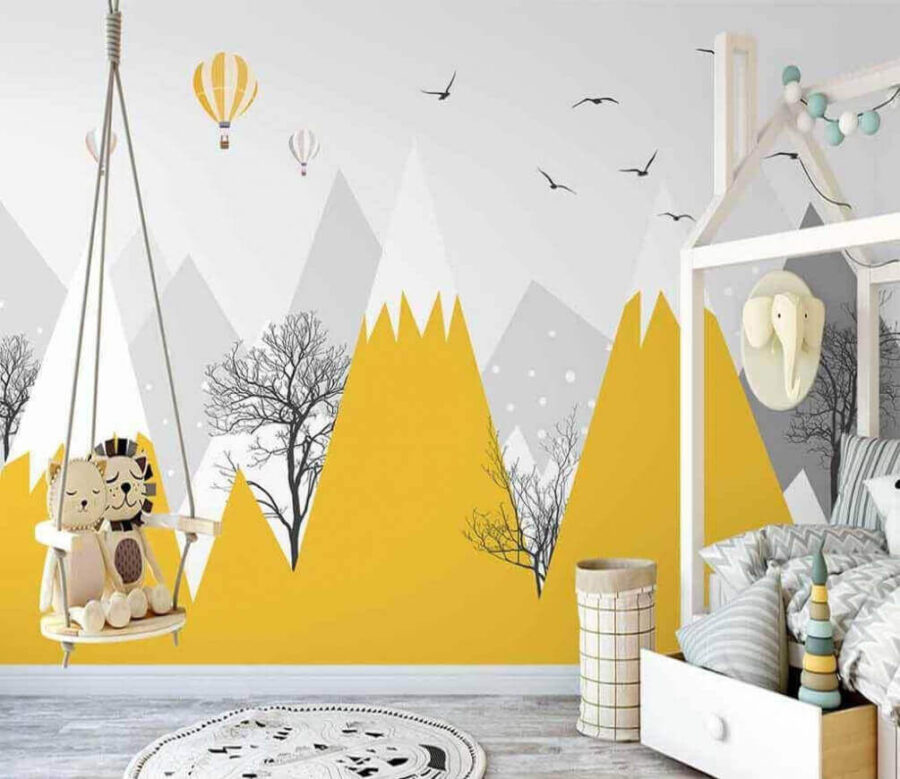 Yellow mountains with trees and birds Yellow mountains with trees and birds