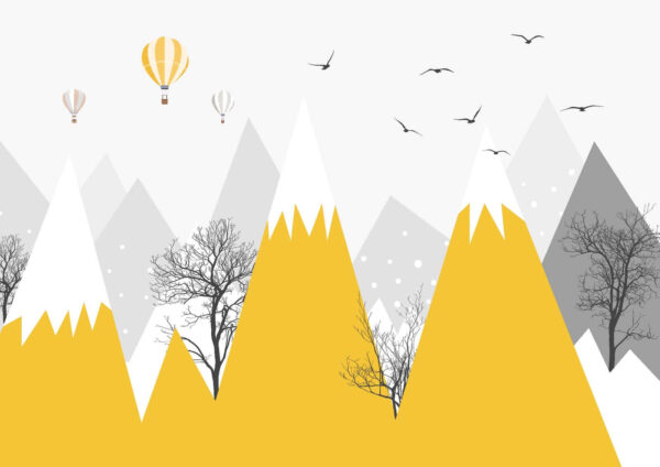 Yellow mountains with trees and birds Yellow mountains with trees and birds