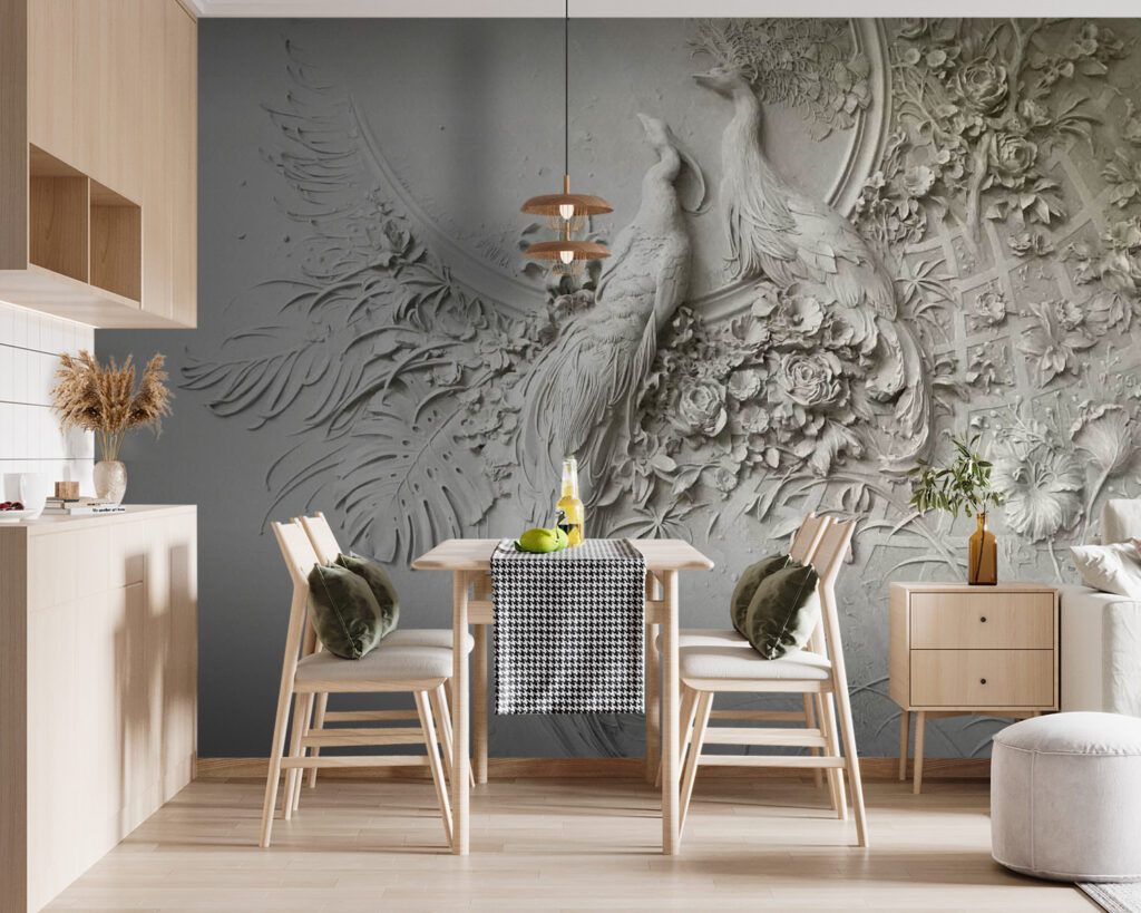 White wall with a couple of birds and flowers White wall with a couple of birds and flowers