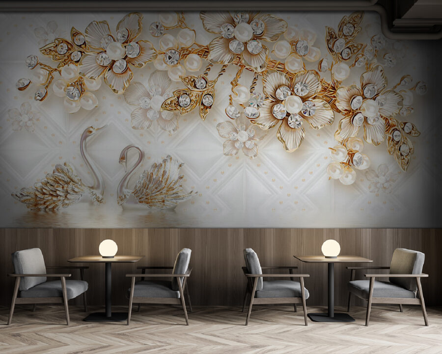 Wallpaper with swans and flowers