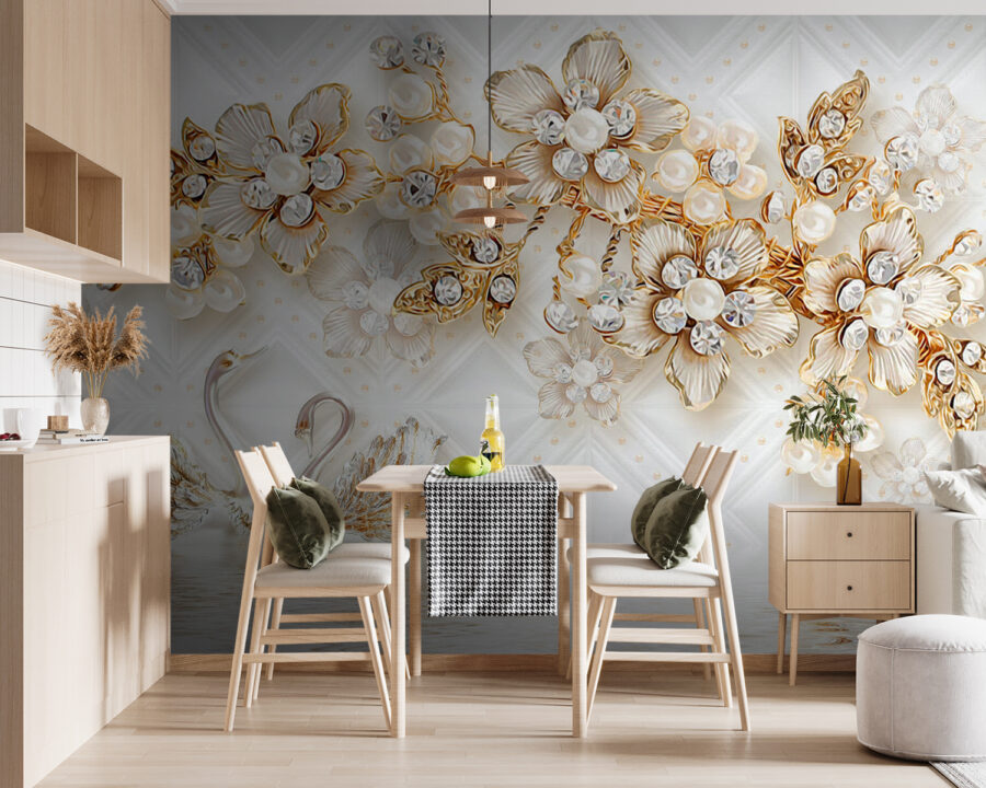 Wallpaper with swans and flowers