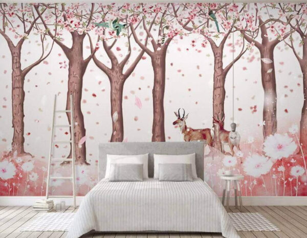 Group of trees with flowers and birds Group of trees with flowers and birds