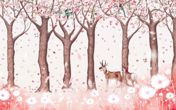 Group of trees with flowers and birds Group of trees with flowers and birds