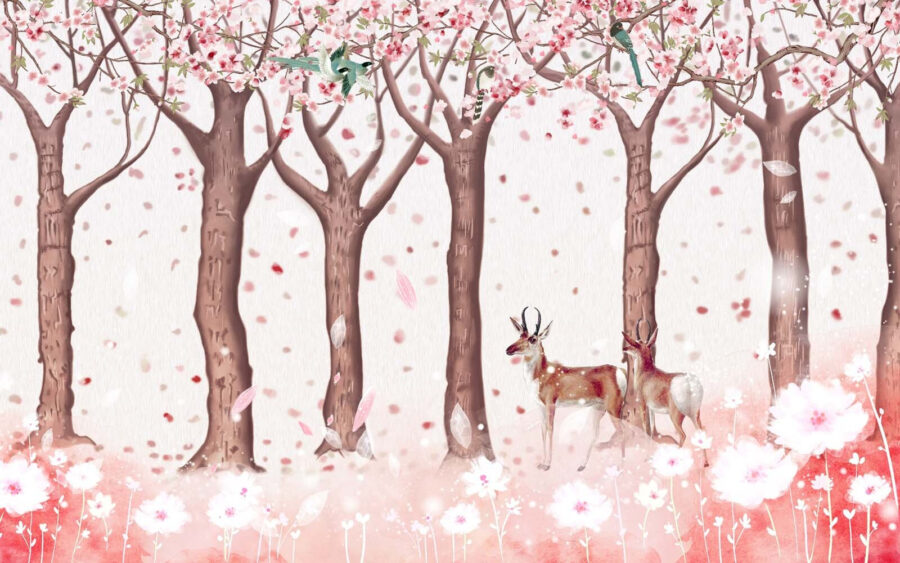 Group of trees with flowers and birds