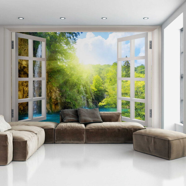Window with a waterfall and trees Window with a waterfall and trees