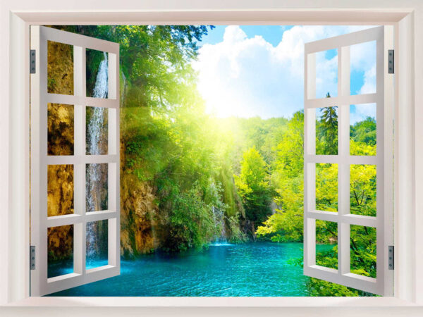 Window with a waterfall and trees Window with a waterfall and trees