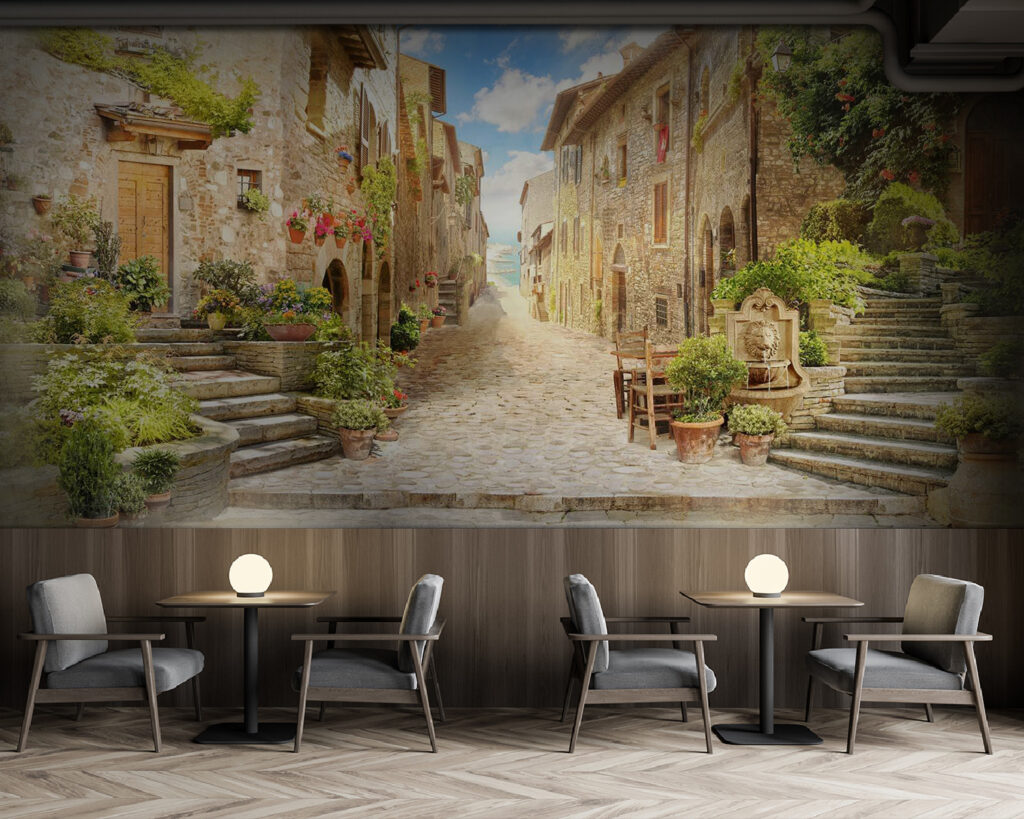 Stone street with stone buildings and plants