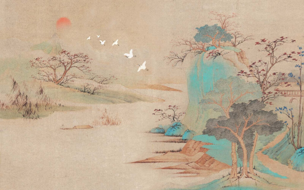 Painting of a landscape with trees and birds flying Painting of a landscape with trees and birds flying