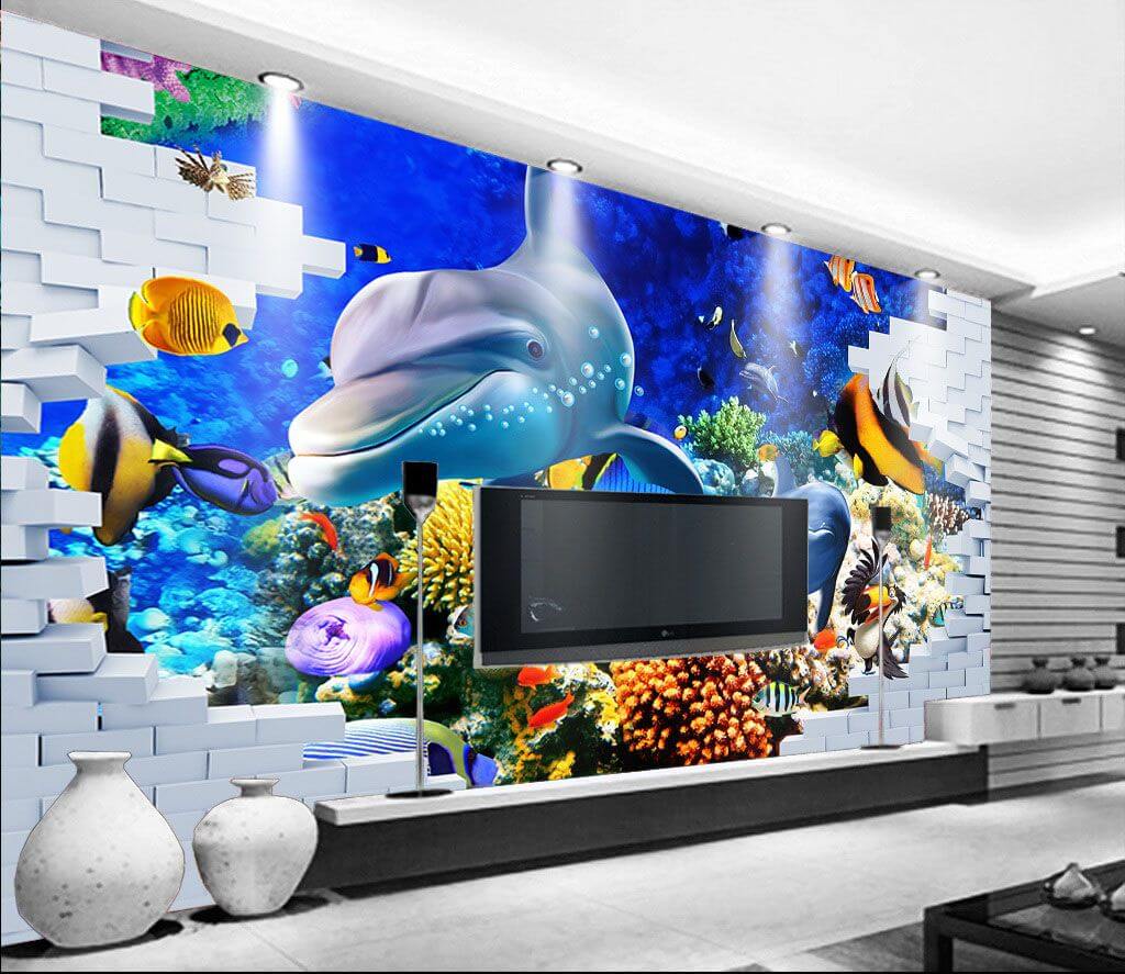 Mural of a fish and dolphins u40459pig1m - Mural of a fish and dolphins - tegory