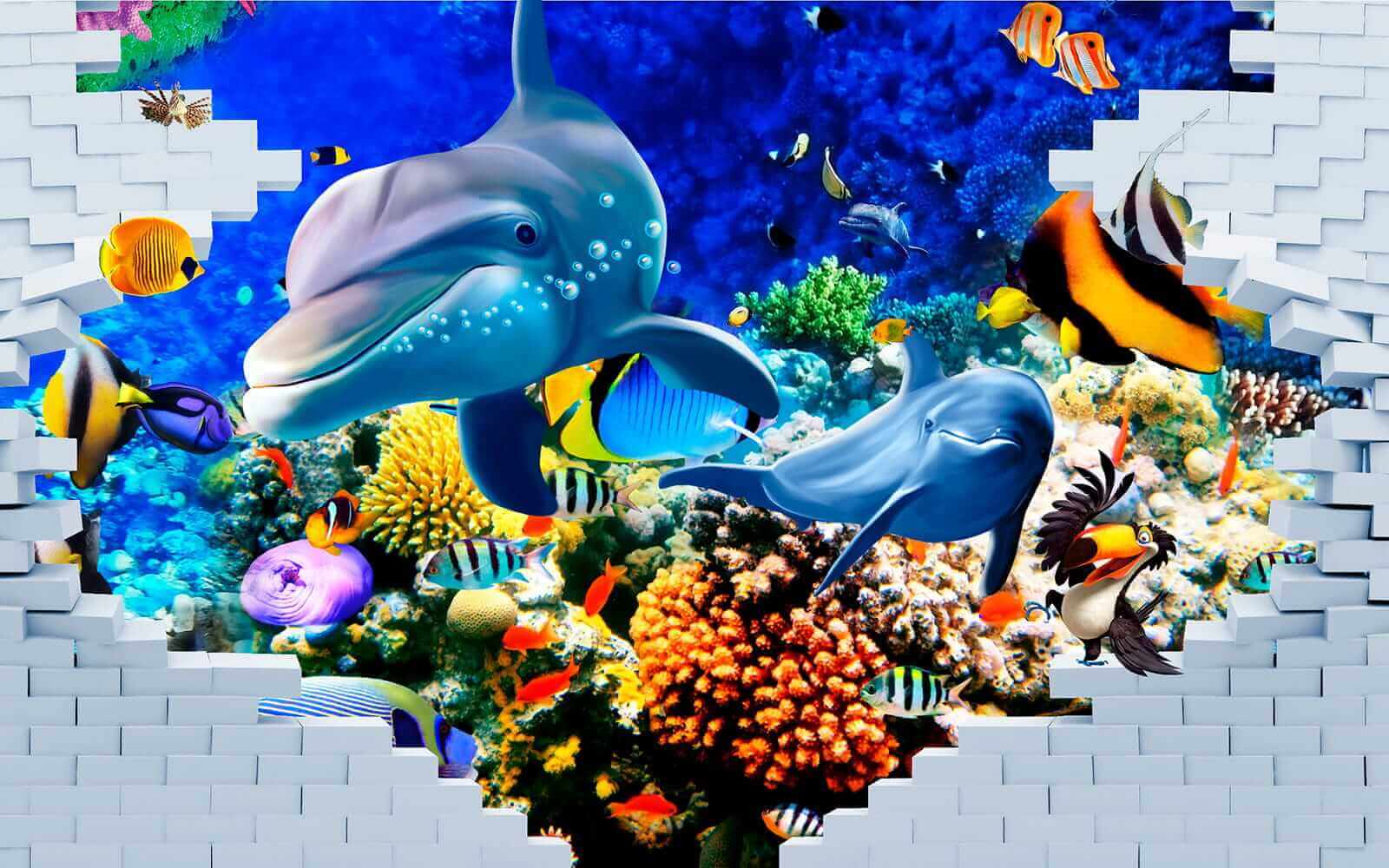 Mural of a fish and dolphins u40459p - Mural of a fish and dolphins - tegory