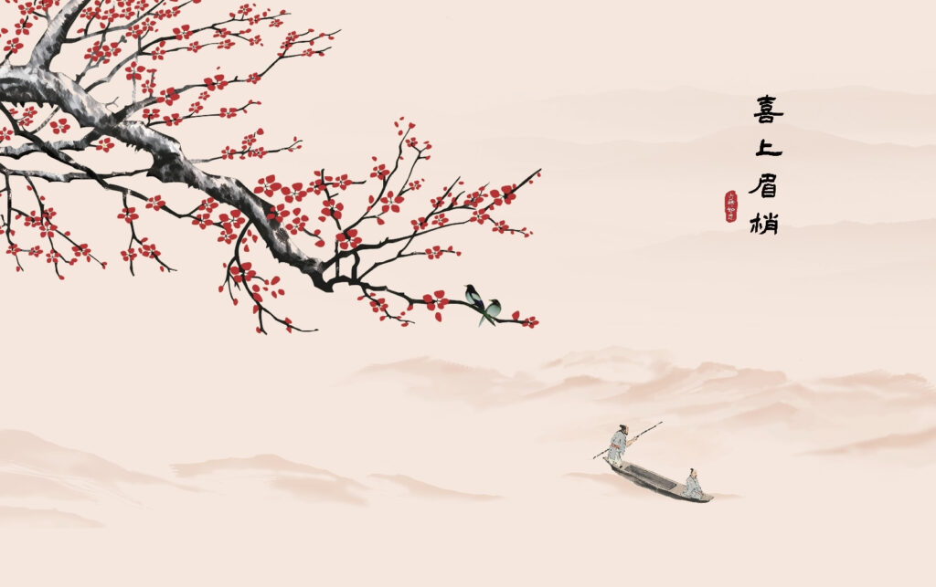 Tree branch with red flowers and a man on a boat Tree branch with red flowers and a man on a boat