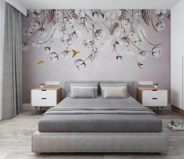 Wall mural Wall mural Bird flying over cotton flowers (SKU: u39788)