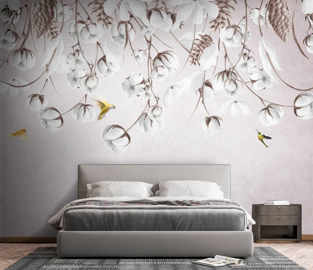 Bird flying over cotton flowers