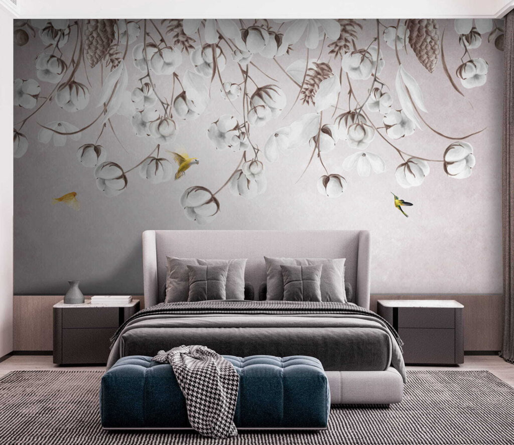 Bird flying over cotton flowers