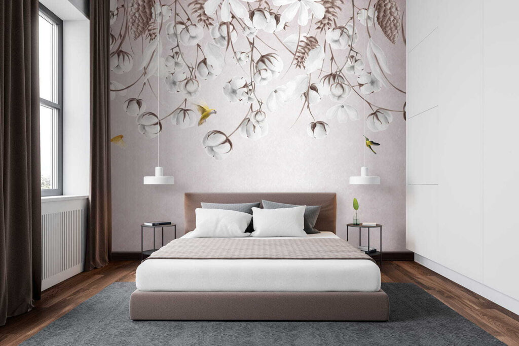 Bird flying over cotton flowers