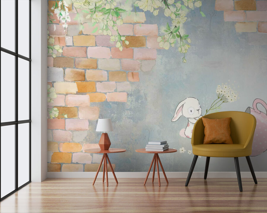 Cartoon rabbit and a house with flowers