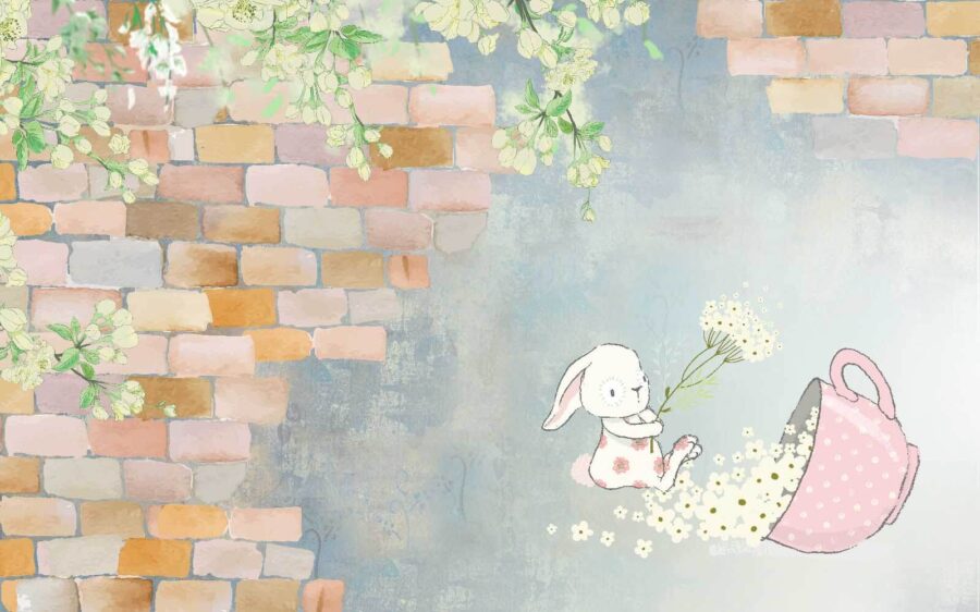 Cartoon rabbit and a house with flowers