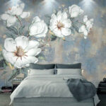 Wall murals White flowers on a blue background