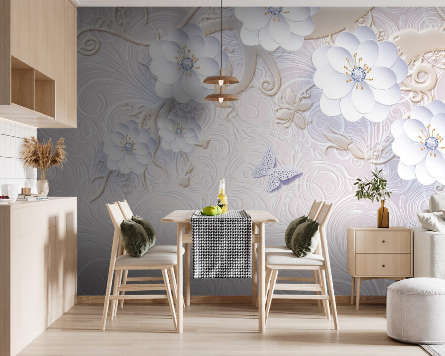 Wallpaper with white flowers and butterflies