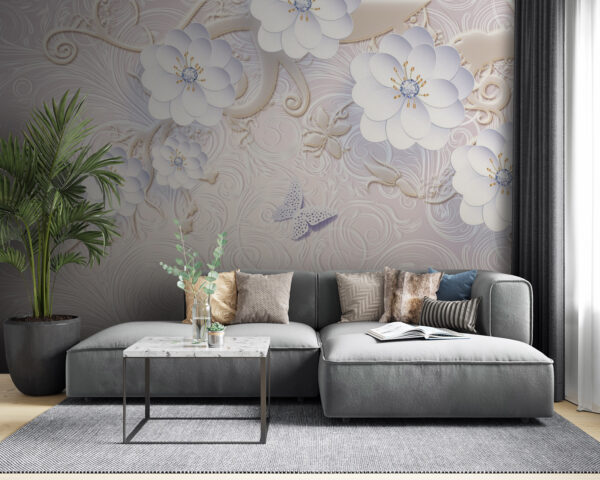 Wallpaper with white flowers and butterflies Wallpaper with white flowers and butterflies