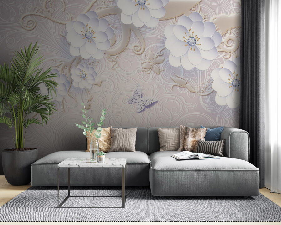Wallpaper with white flowers and butterflies