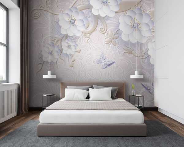 Wallpaper with white flowers and butterflies Wallpaper with white flowers and butterflies
