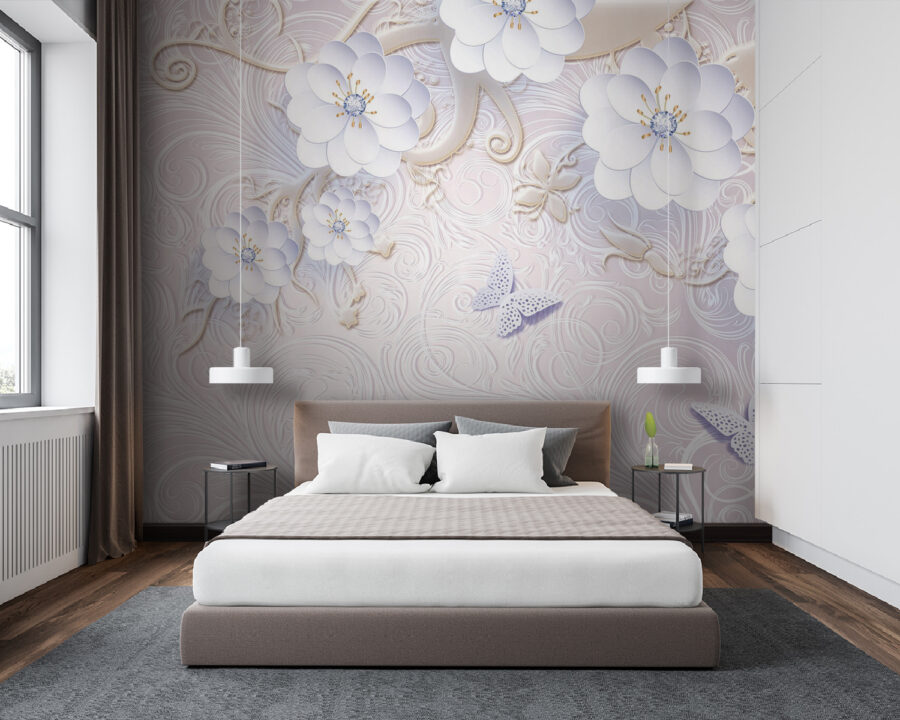 Wallpaper with white flowers and butterflies