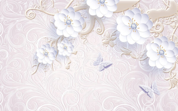 Wallpaper with white flowers and butterflies Wallpaper with white flowers and butterflies