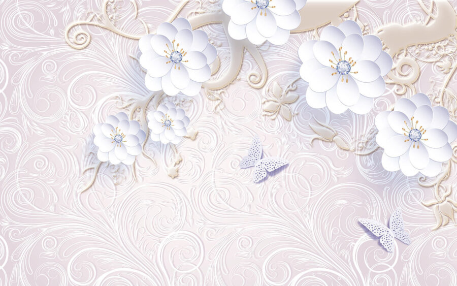 Wallpaper with white flowers and butterflies