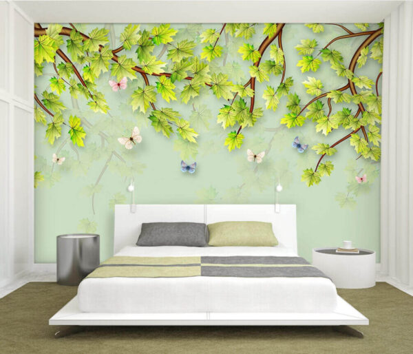 Green leaves and butterflies on a white background Green leaves and butterflies on a white background
