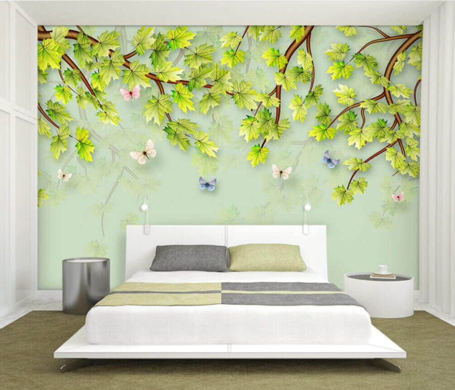 Green leaves and butterflies on a white background