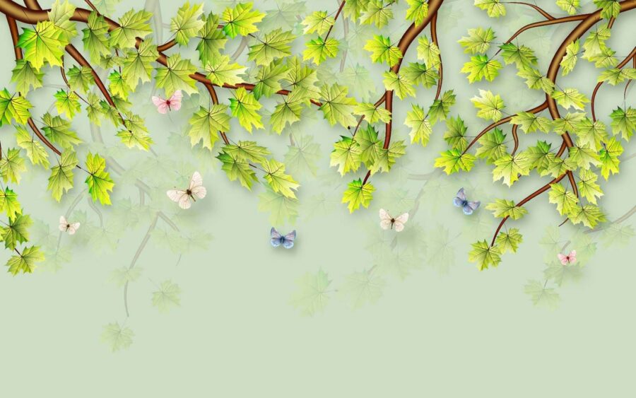 Green leaves and butterflies on a white background