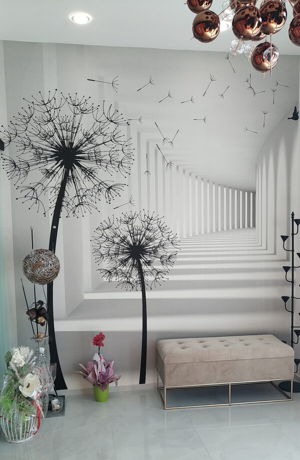 White room with trees and birds flying