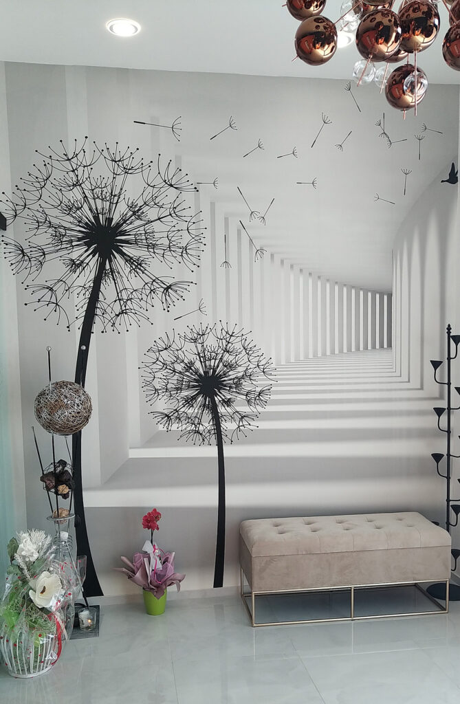 White room with trees and birds flying