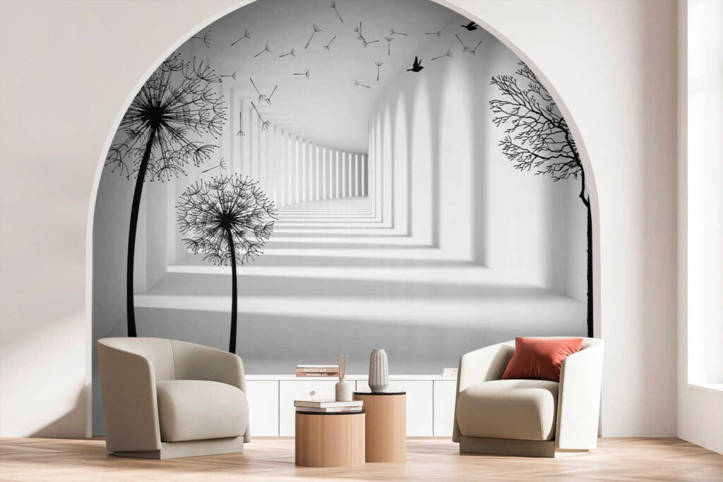 White room with trees and birds flying