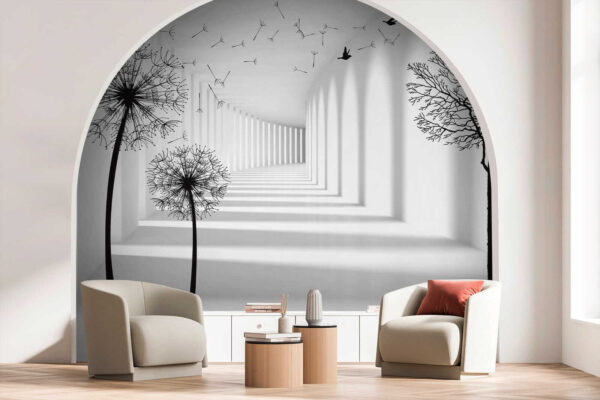 White room with trees and birds flying