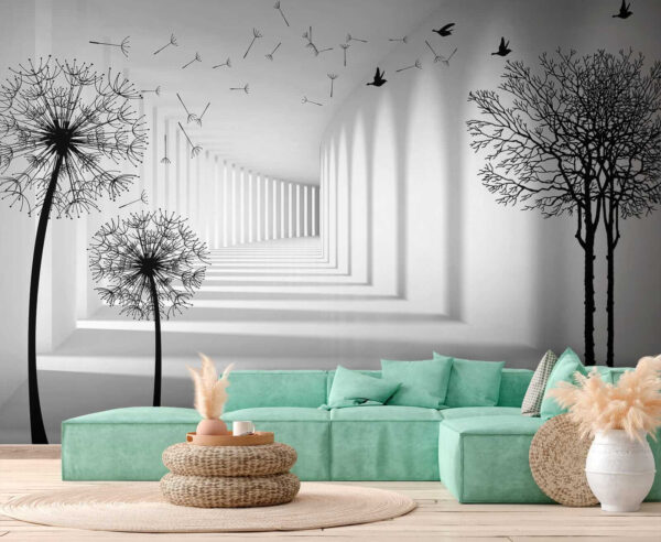 White room with trees and birds flying