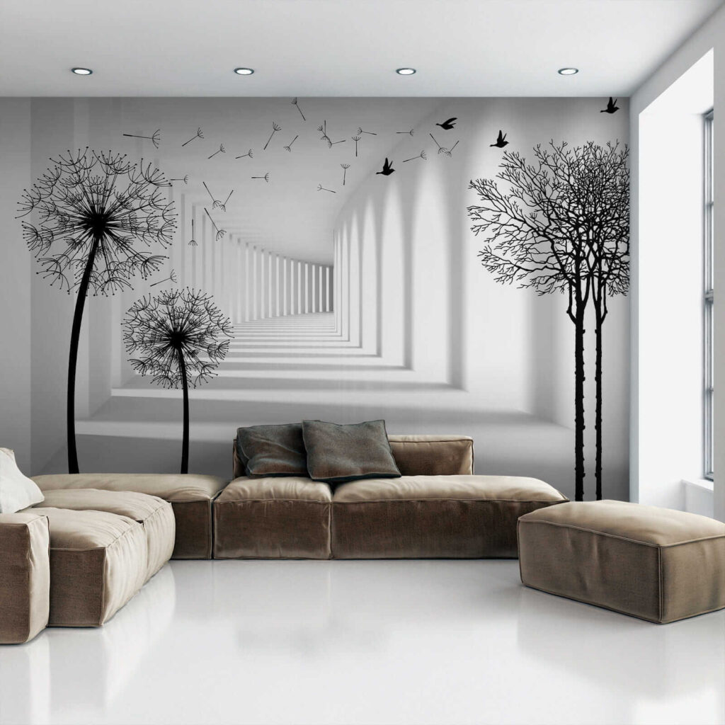 White room with trees and birds flying