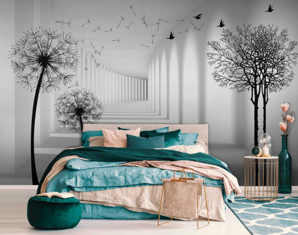 White room with trees and birds flying