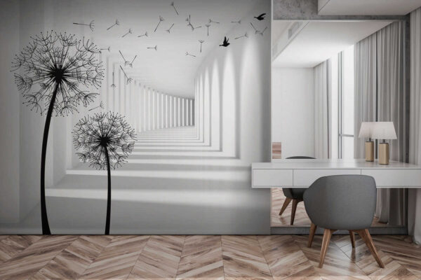 White room with trees and birds flying