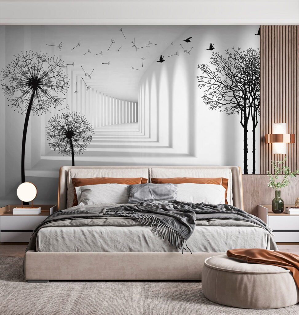 White room with trees and birds flying
