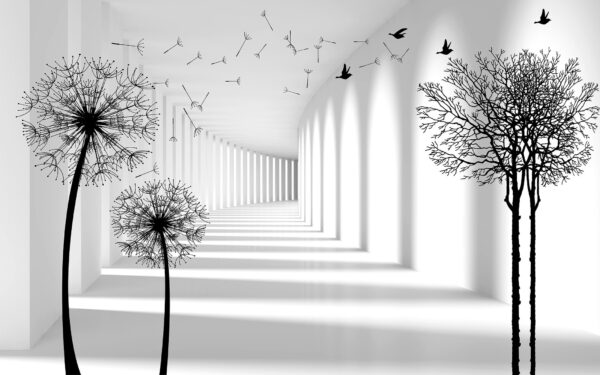 White room with trees and birds flying