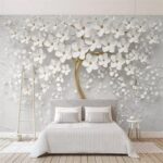 Wall murals Tree with white flowers and leaves
