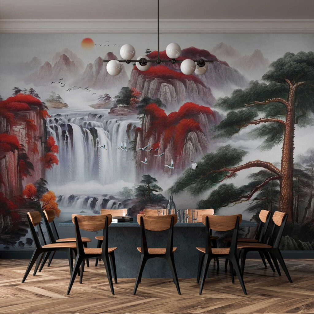 Painting of a waterfall and trees