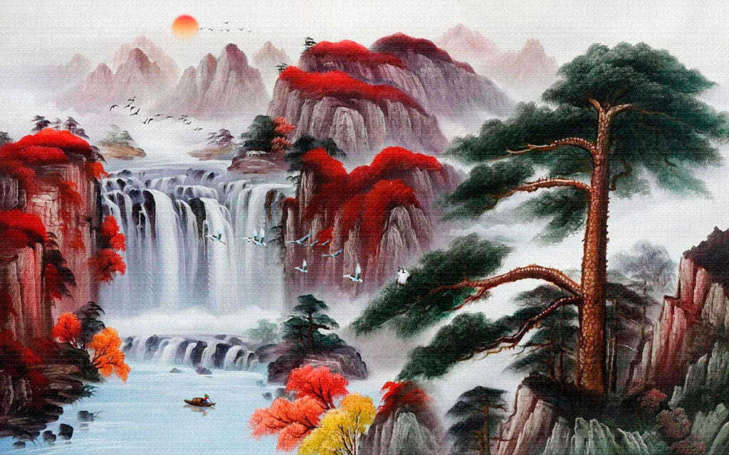 Painting of a waterfall and trees Painting of a waterfall and trees